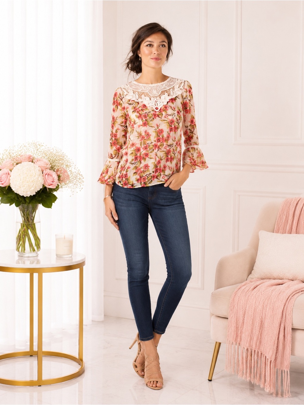 Disney Snow White LC Lauren Conrad Pink Floral Lace Peasant Blouse Boho NWT S XL - Picture 3 of 9